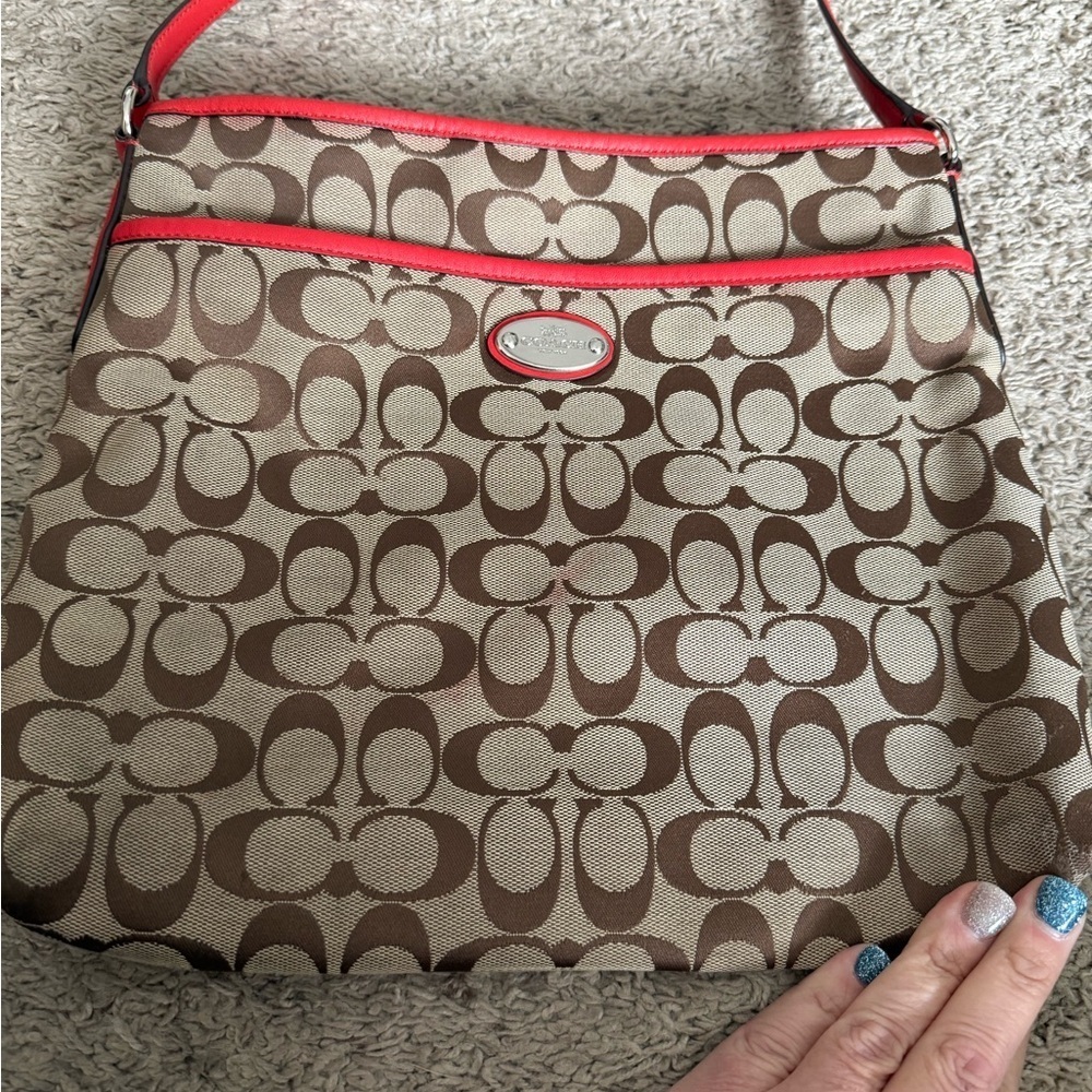 Coach Tan and Red Signature Shoulder Bag